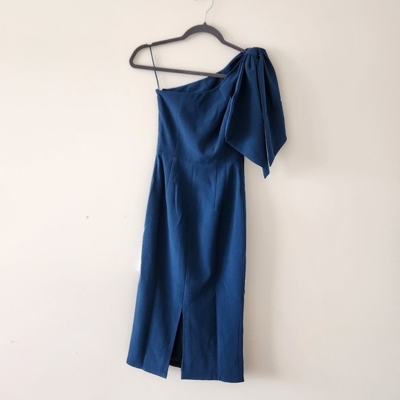Dress the Population Tiffany One Shoulder Midi Sheath Dress Peacock Blue XXS NWT - Picture 4 of 9